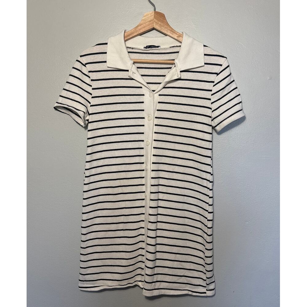 Women's Size M Zara White & Black Stripes Button Up Striped Short Mini Dress